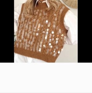 Zara Sequin Embellished Tan Sweater Vest